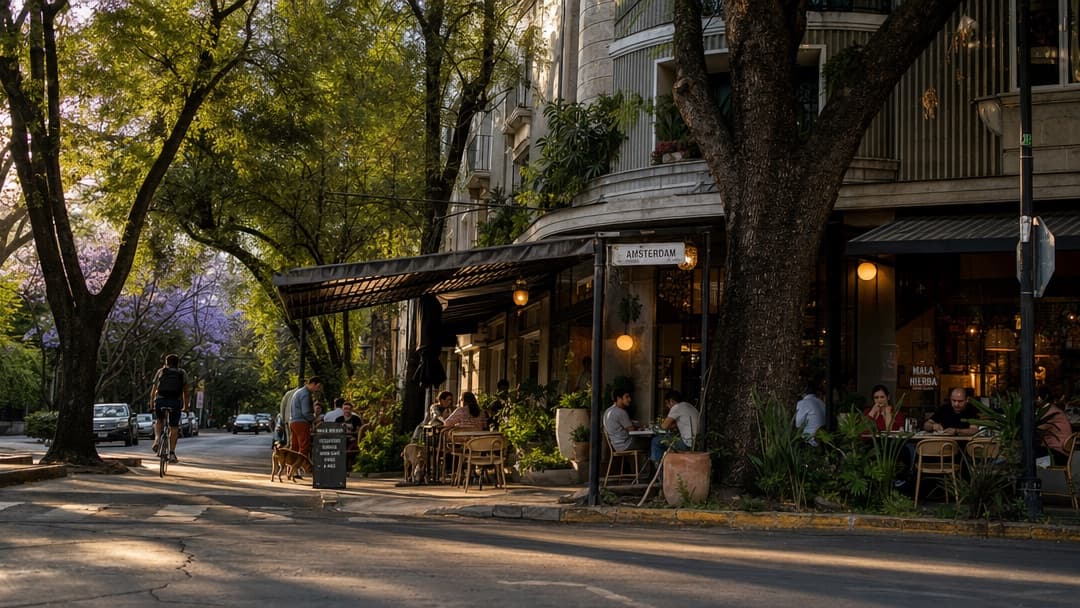 A jacaranda-shaded cafe corner on Calle Ámsterdam, Condesa, Mexico City, at golden hour